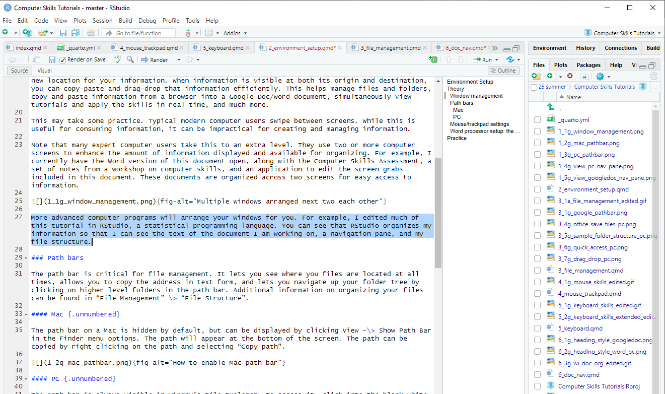Multiple windows arranged next two each other in RStudio.
